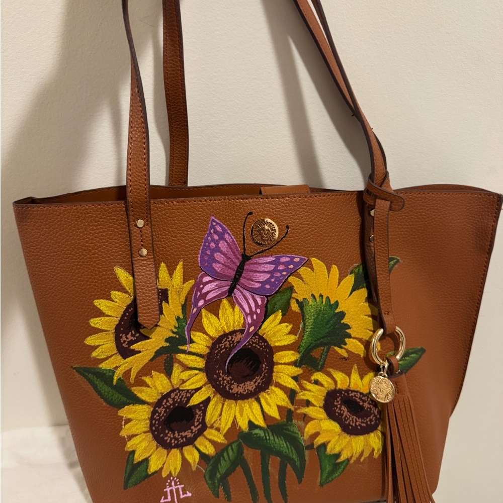 Purple and Brown Leather Tote with Sunflower Design